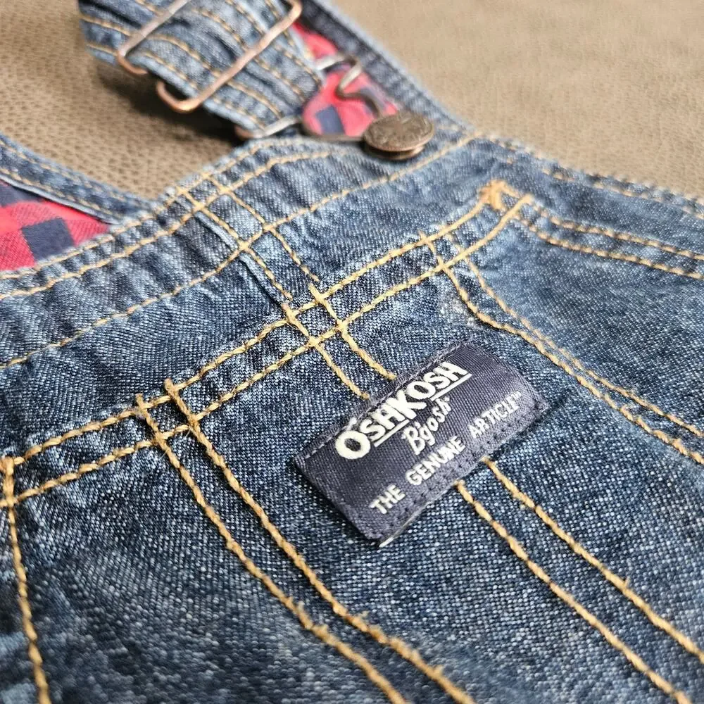 OshKosh B'gosh Red Buffalo Plaid Flannel Lined Denim Overalls Unisex Size 4T